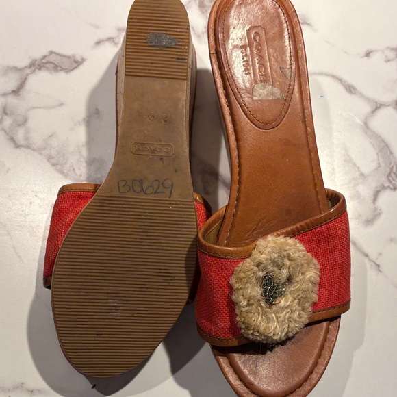 Coach Red Canvas Wedge Slide Sandals with Tan Leather Trim size 8? - Picture 12 of 13